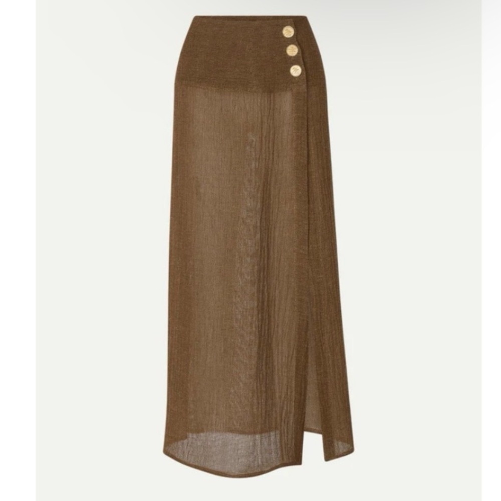 Le Kasha Haifa Organic Linen Gold Coin Button Wrap Maxi Skirt in Beige, Size L